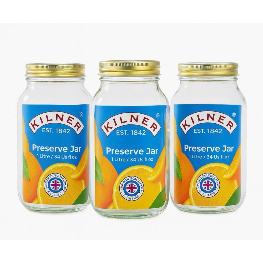 Kilner 1 Litre Preserve Jars W/ Lids Lot Of 3 Canning & Storage 34 Oz. Each New